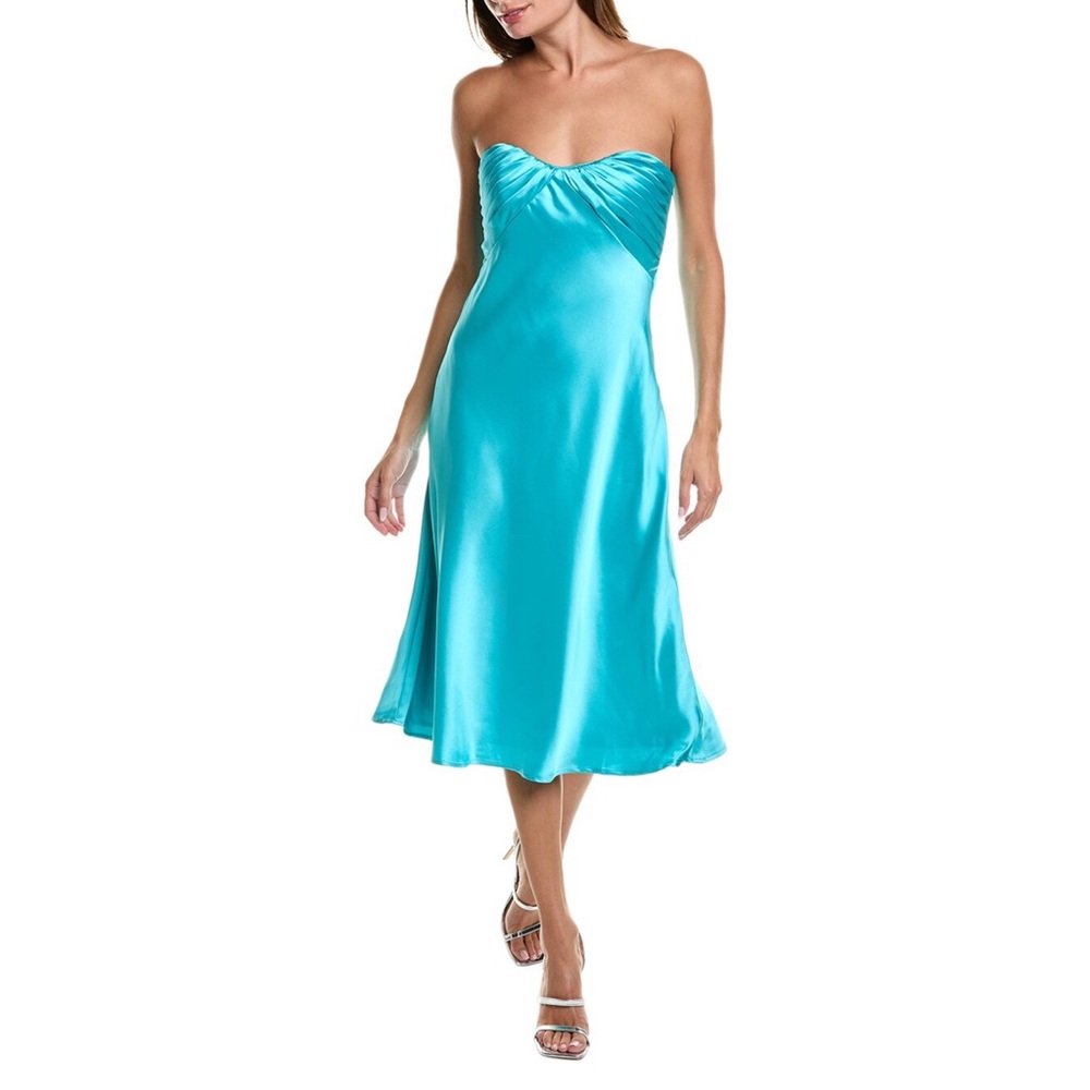 ML Monique Lhuillier Imara Satin Midi Dress Elegant Strapless Blue Dress Size 4